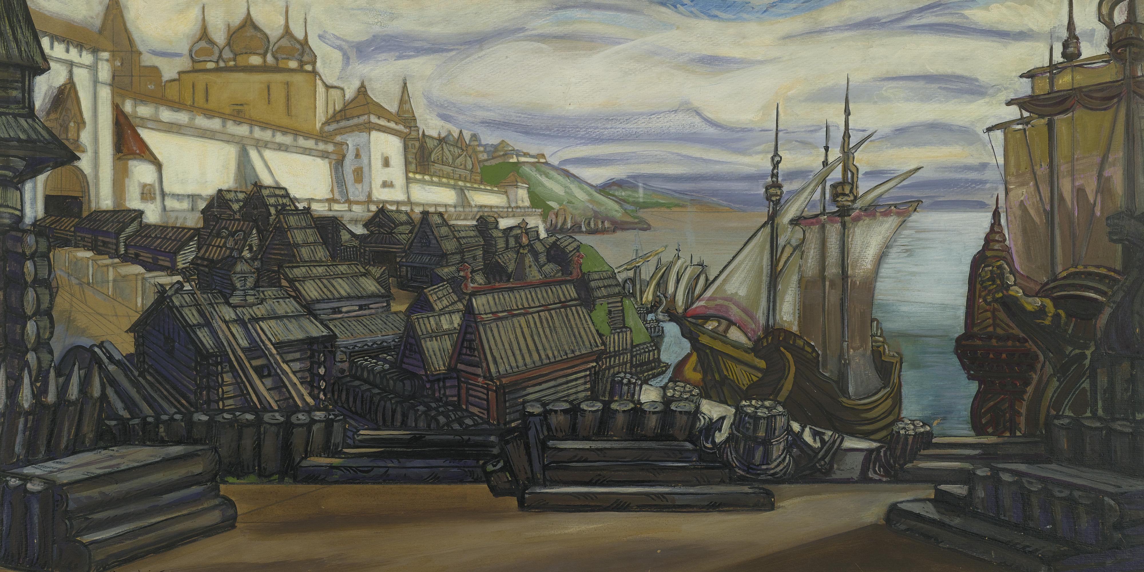 Sergei Soudeikine - The Pier At Novgorod: Backdrop Design For Sadko