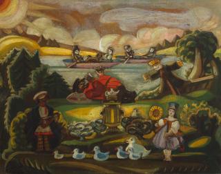 Sergei Yur\'evich Sudeikin - Tea party on a summer\'s day: design for an unidentified production of Nikita Balieff\'s Chauve-Souris theatre in Paris, 1922 39.5 x 49.8cm (15 5/8 x 19 5/8in).