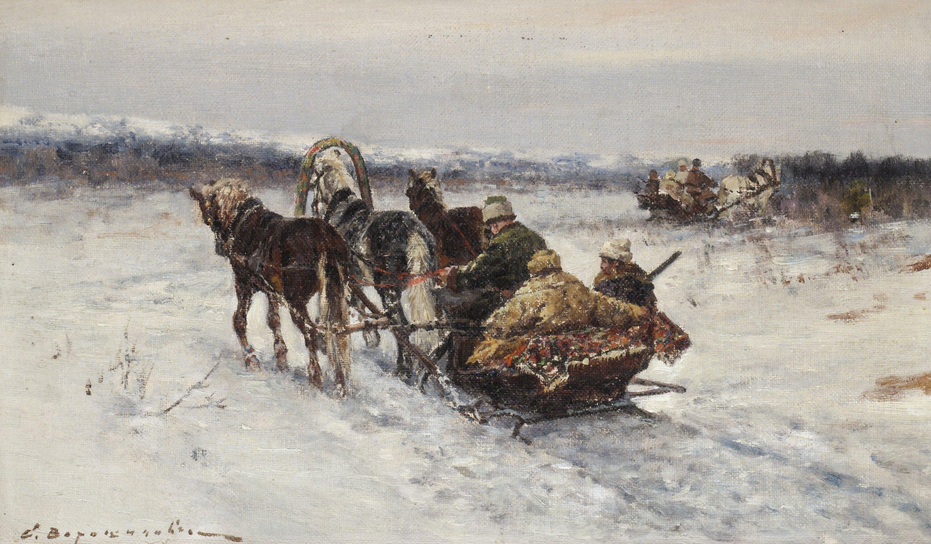 Sergey Semenovich Voroshilov - Trojkor i vinterlandskap.