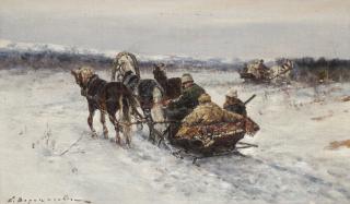 Sergey Semenovich Voroshilov - Trojkor i vinterlandskap.