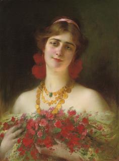 Serkis Diranian - Portrait of a young maiden with red wild flowers