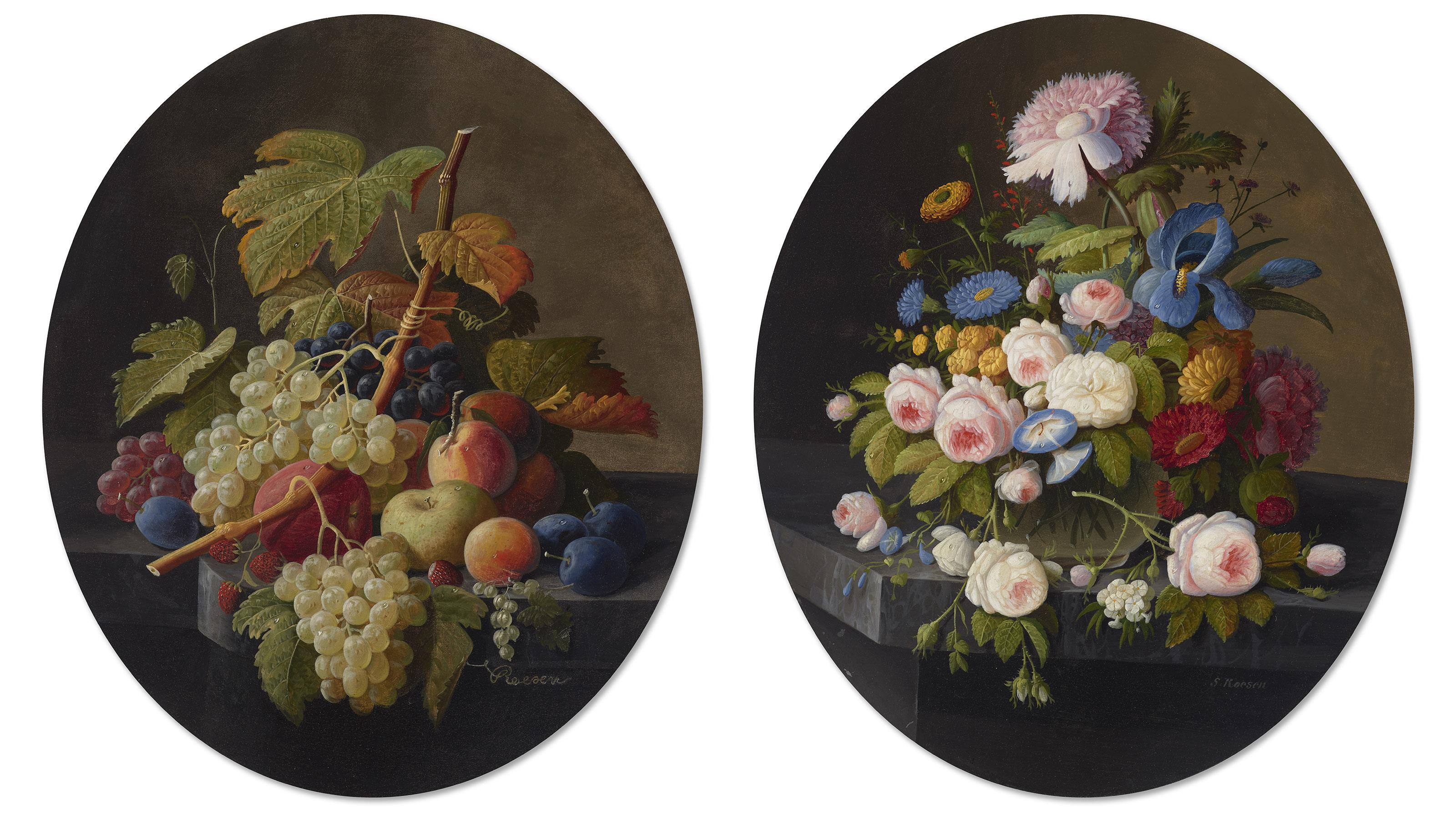 Severin Roesen - Fruit and Flowers: A Pair of Works