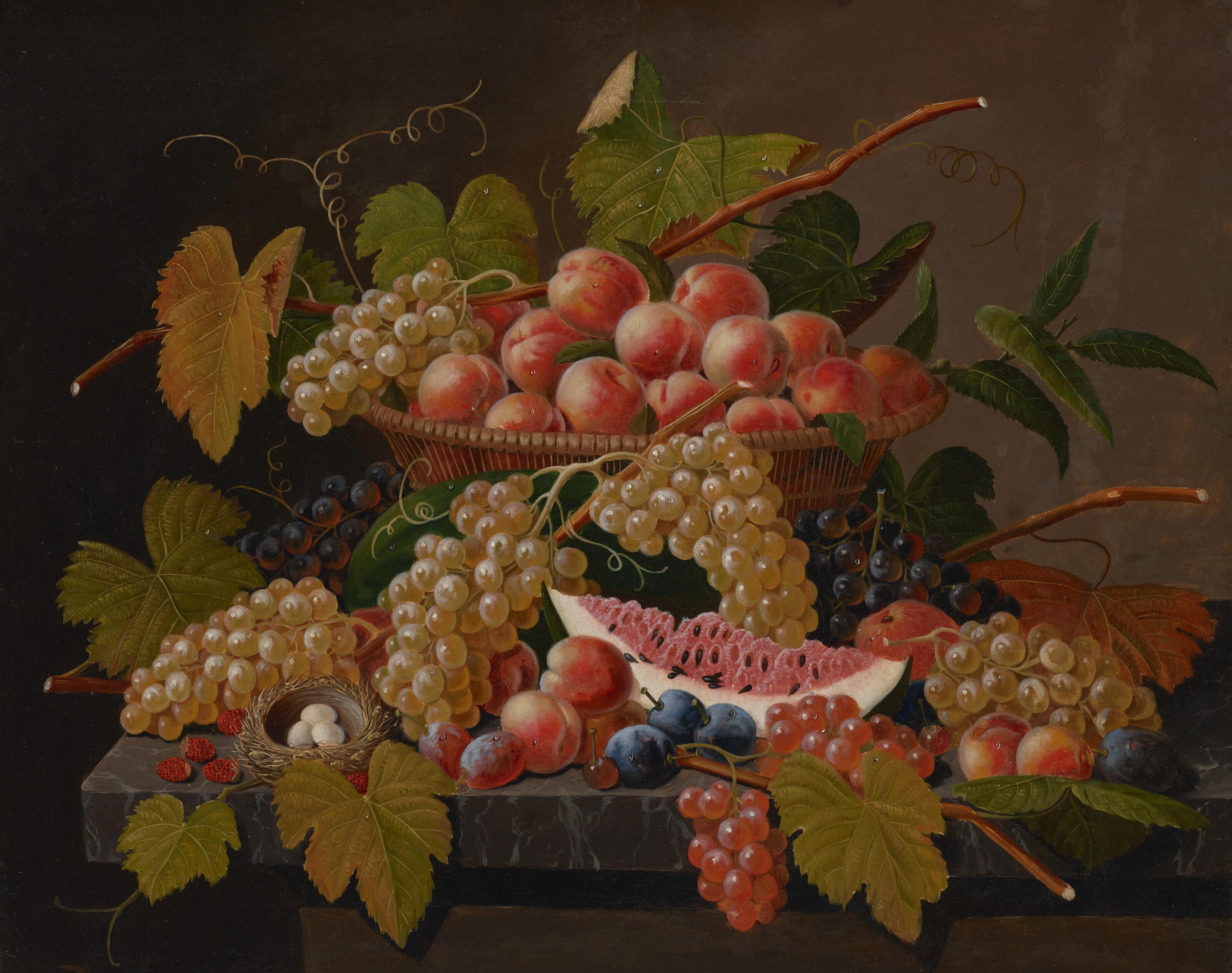 Severin Roesen - Ornate Table Top Still Life with Summer Fruits and Bird\'s Nest