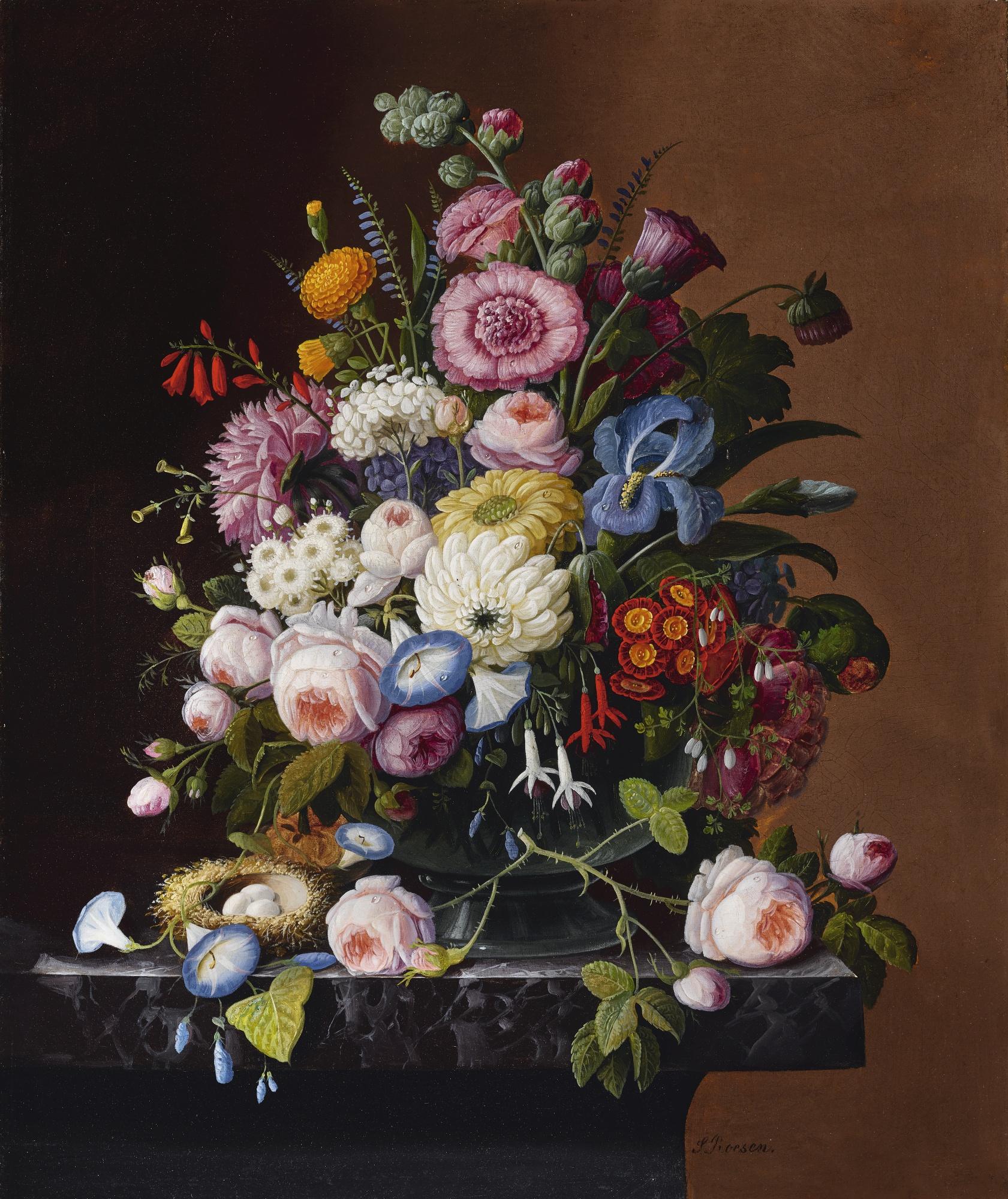 Severin Roesen - Still Life With Flowers And Nest Of Eggs