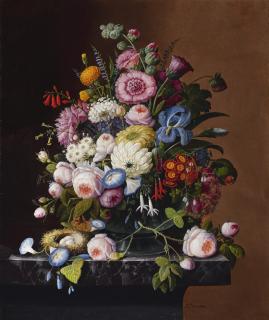 Severin Roesen - Still Life With Flowers And Nest Of Eggs