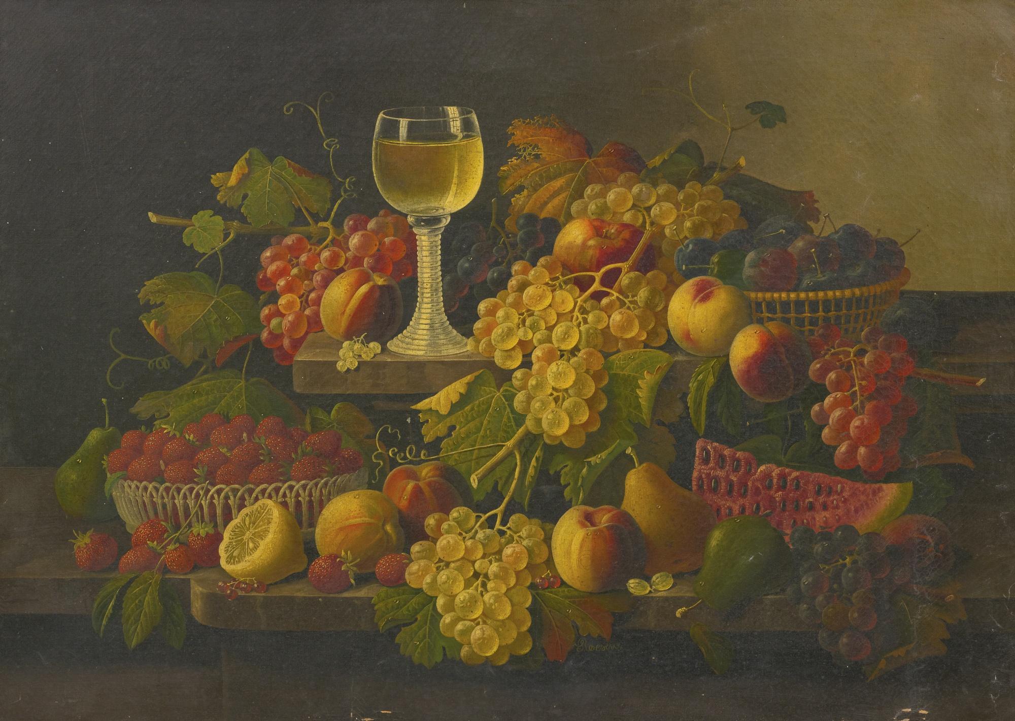 Severin Roesen - Still Life With Fruit And A Glass Of Wine On A Ledge
