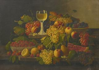 Severin Roesen - Still Life With Fruit And A Glass Of Wine On A Ledge