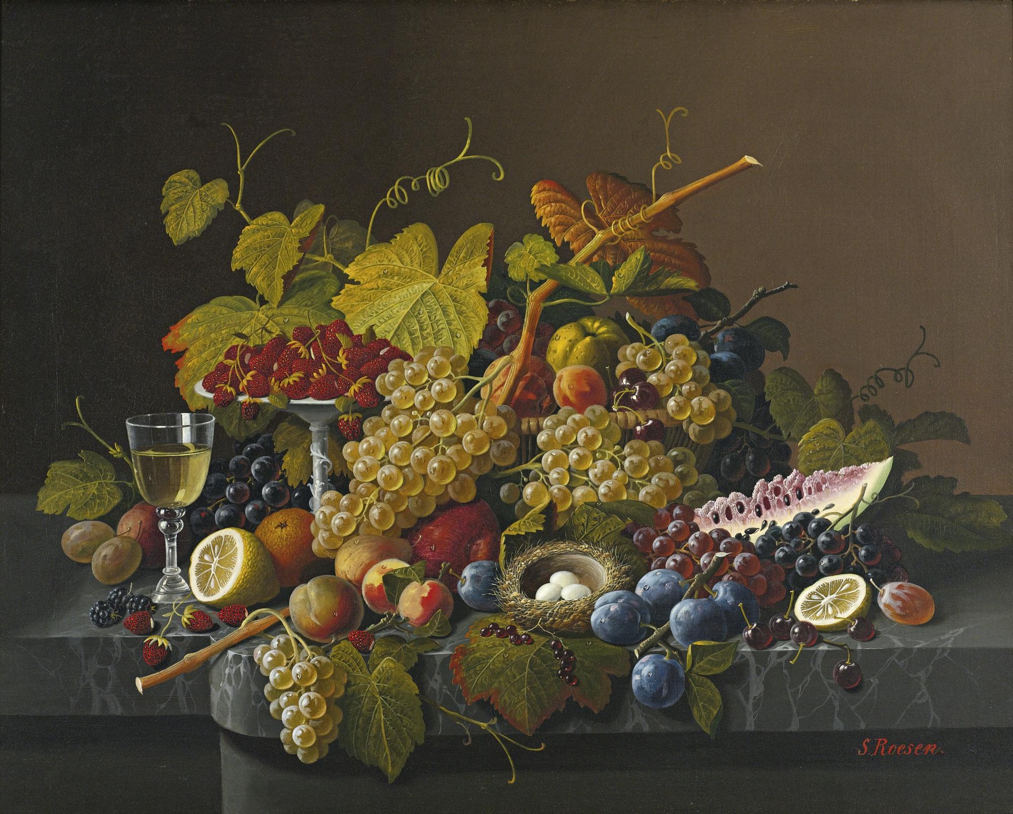 Severin Roesen - Still Life With Fruit And Bird\'S Nest