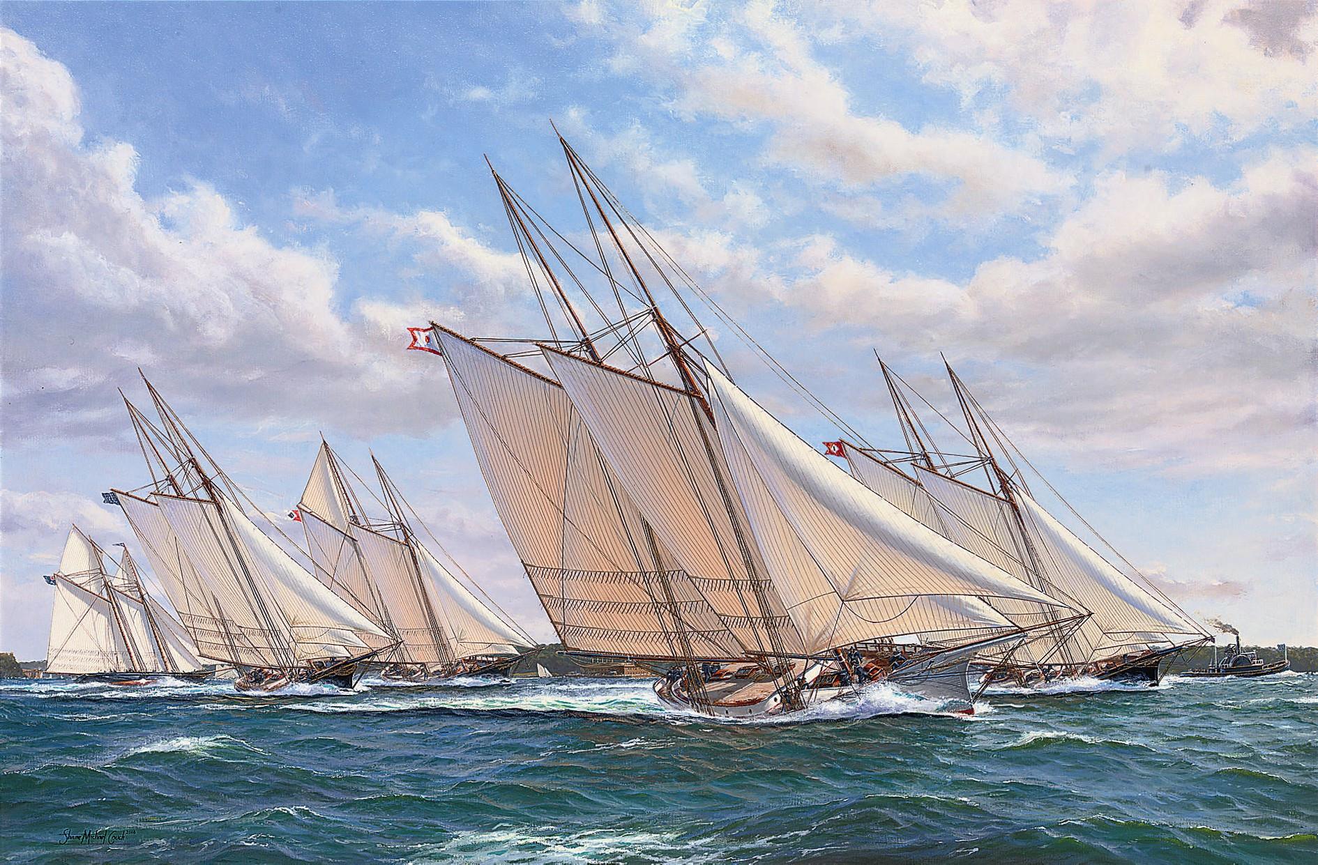 Shane Michael Couch - The first defence of the America\'s Cup, 8th August, 1870: Magic, Cambria, America, Dauntless and Idler racing in the Narrows, off the entrance to New York harbour