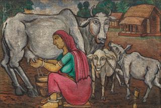 Sheikh Mohammed Sultan - Untitled (Farmerette milking a cow with calves)