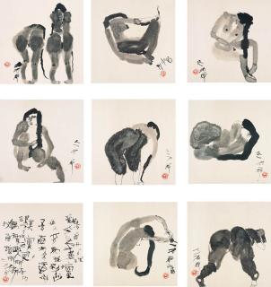 Shi Hu - A set of 8 sketches of the nude & calligraphy