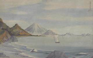 Shiba Kokan - Distant view of Mounts Fuji and Satta from Suruga Bay