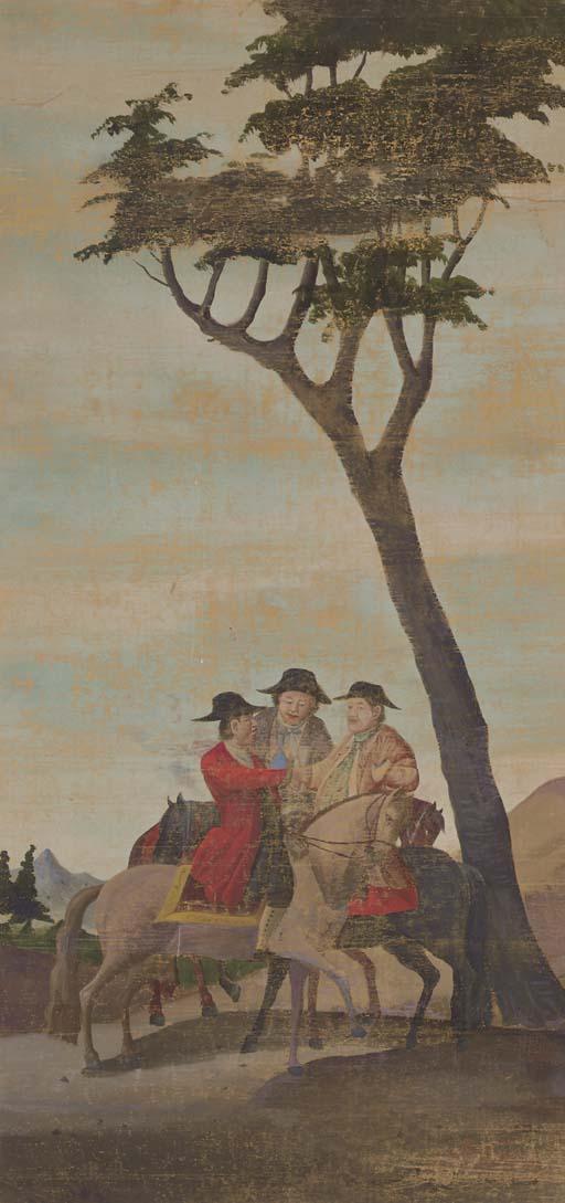 Shiba Kokan - Three Europeans on horseback in landscape, ca. 1789-1801