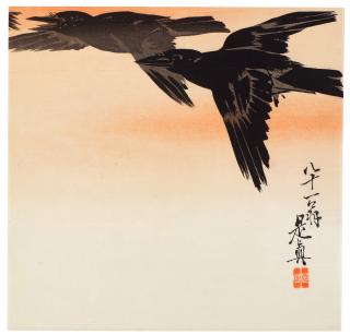 Shibata Zeshin - Crows in flight at sunrise