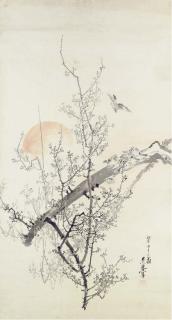 Shibata Zeshin - Sparrows on plum branch at sunset
