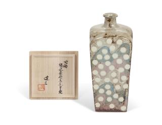 Shimaoka Tatsuzo - A Square Stoneware Vase with Rope-impressed and Inlaid Design