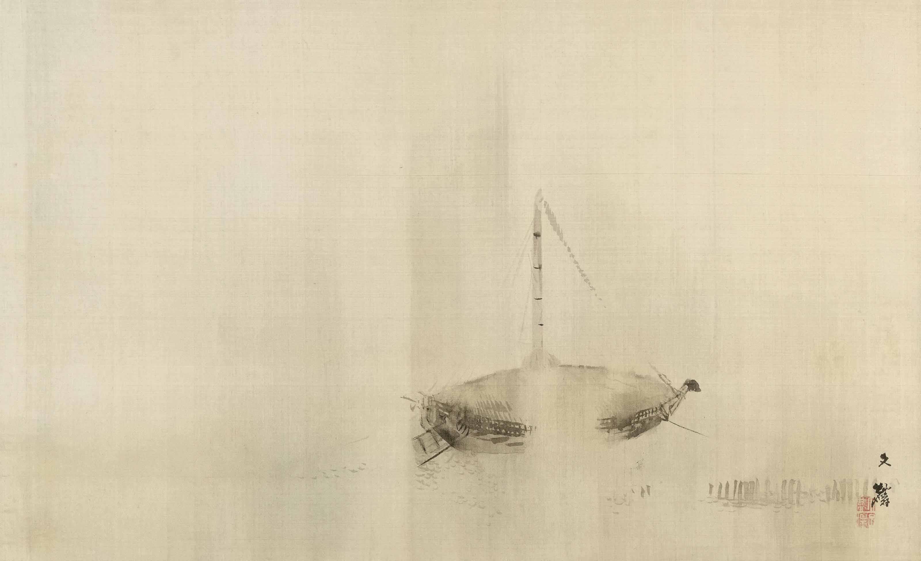 Shiokawa Bunrin - Hanging scroll, ink on silk, of a boat in rain, signed Bunrin, sealed Bunrin and Shion, Maruyama-Shijo School