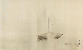 Shiokawa Bunrin - Hanging scroll, ink on silk, of a boat in rain, signed Bunrin, sealed Bunrin and Shion, Maruyama-Shijo School
