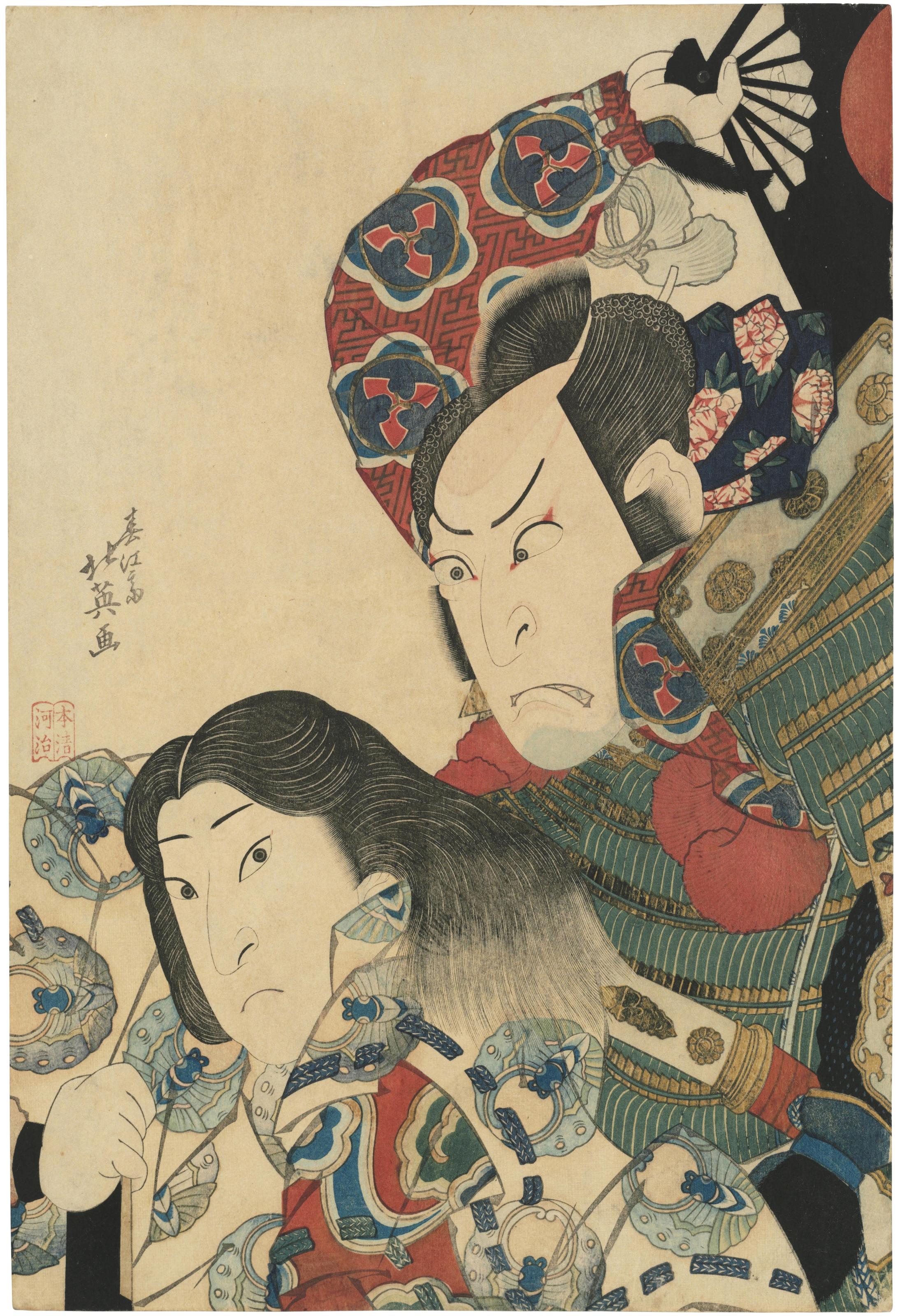Shunkosai Hokuei - A double okubi-e portrait of two actors