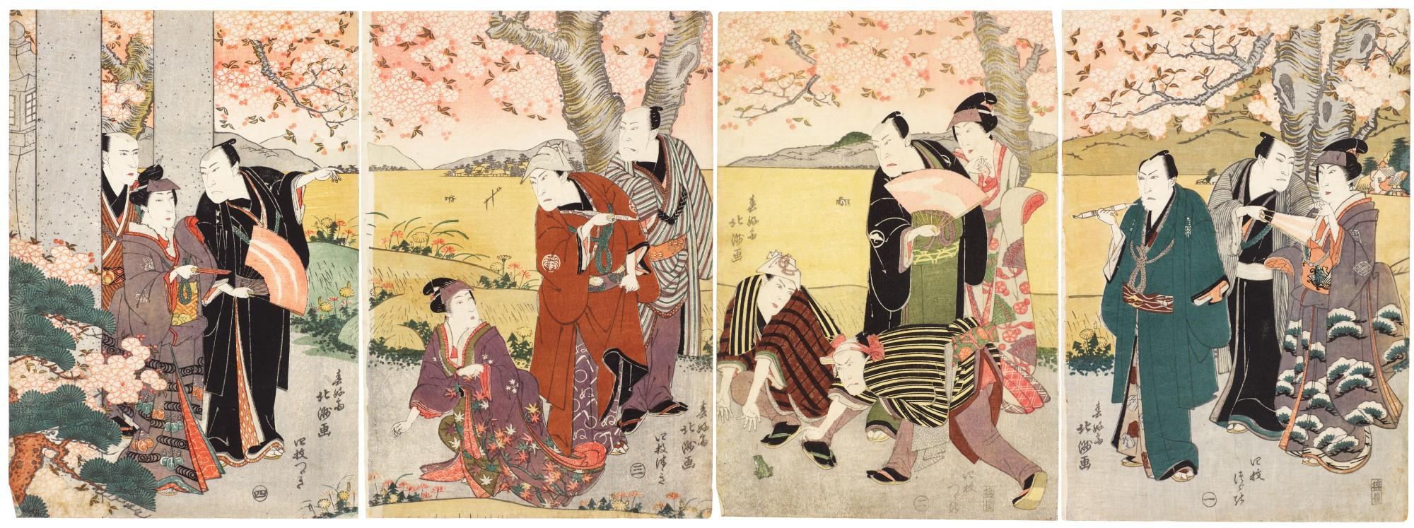 Shunkosai Hokushu - Actors viewing cherry blossoms
