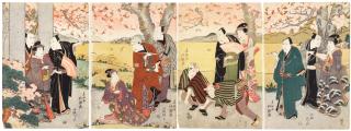 Shunkosai Hokushu - Actors viewing cherry blossoms
