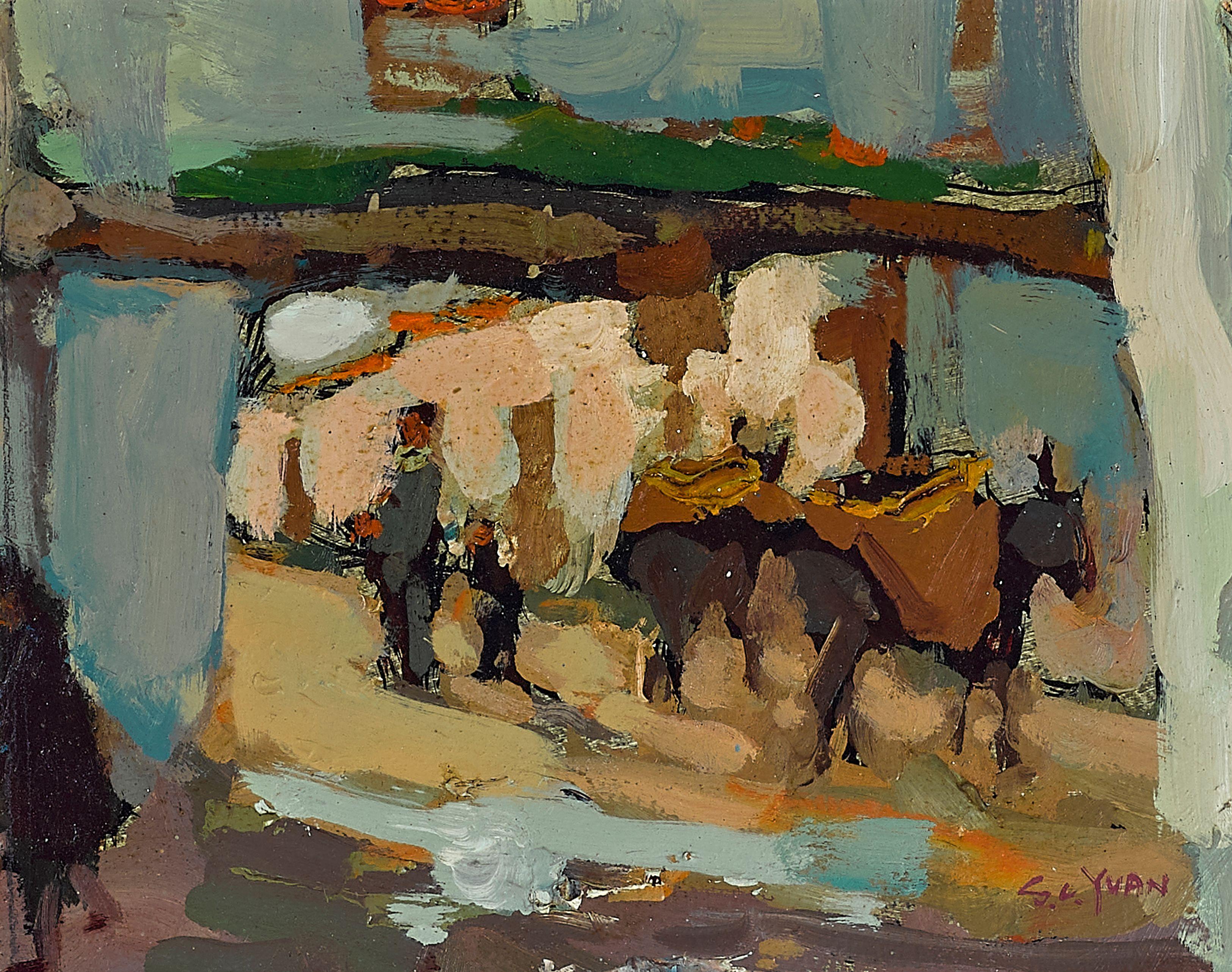 Si Chen Yuan - Mexican Village Scene with Figures and Burros