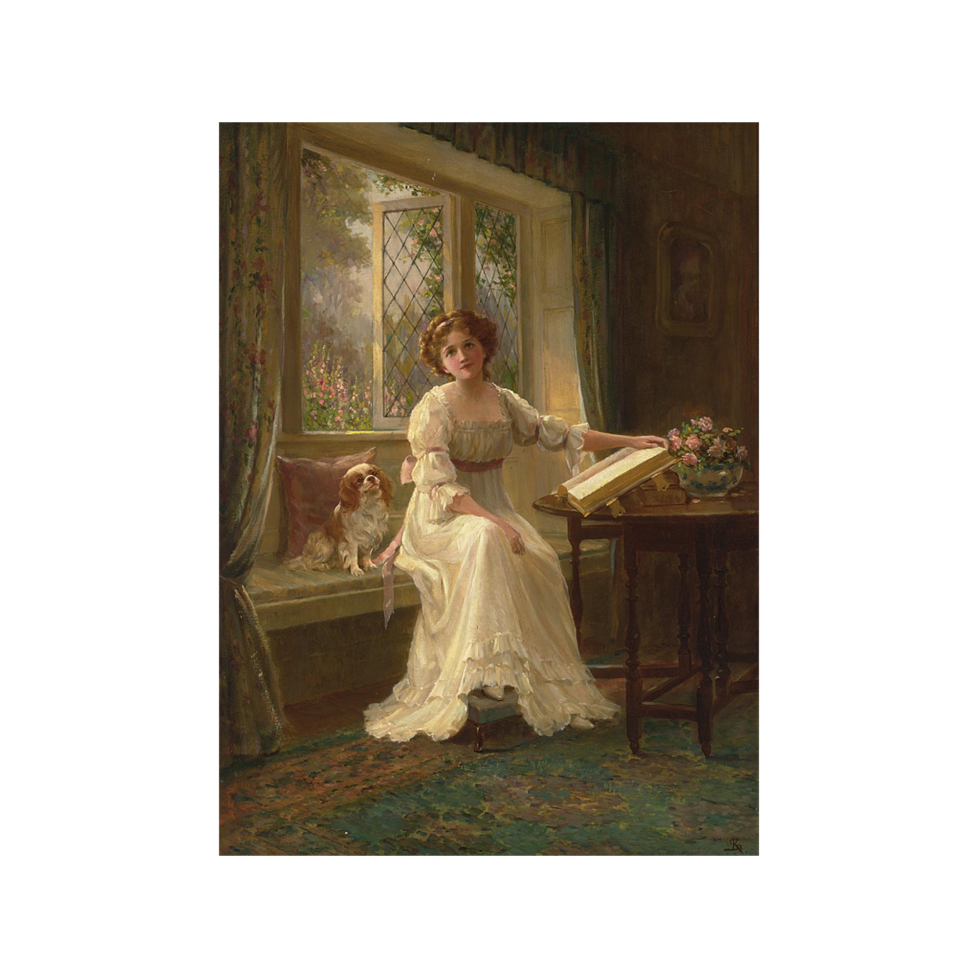 Sidney Percy Kendrick - A Portrait Of A Young Lady With Her King James Spaniel In A Window Seat