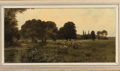 Sidney Pike - A flock of sheep beside a river