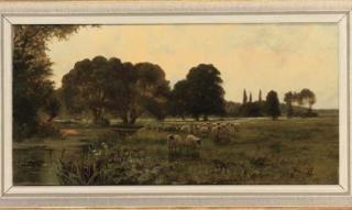 Sidney Pike - A flock of sheep beside a river