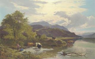 Sidney Richard Percy - Mountain landscape with figures and cattle by a lake