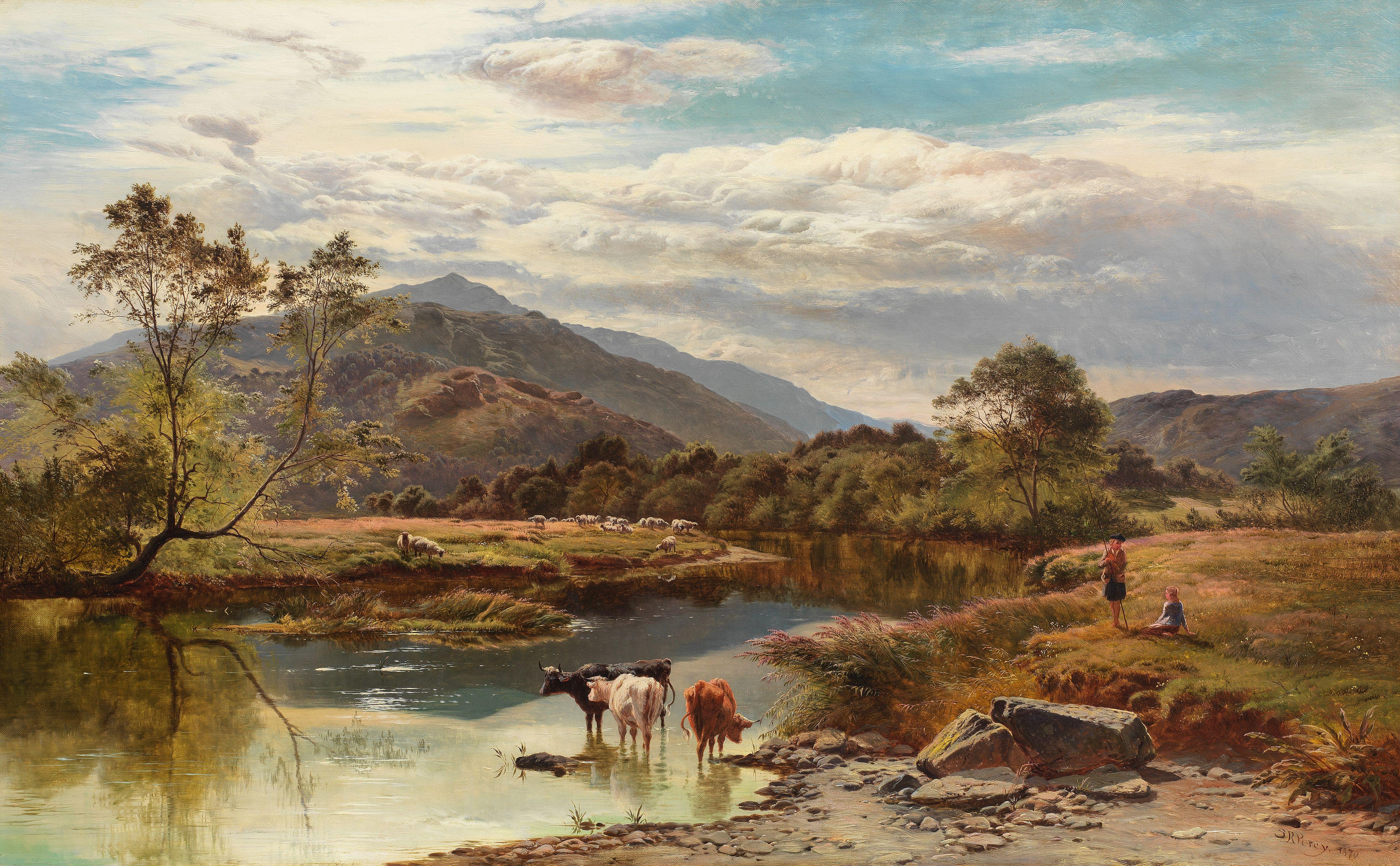 Sidney Richard Percy - River landscape with cattle watering