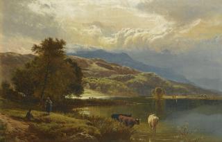 Sidney Richard Percy - The Glastyn Near Beddgelert, North Wales; Mountainous Lake Scene With Figures And Cattle