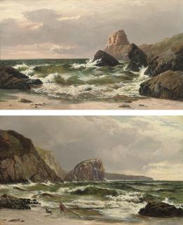 Sidney Richard Percy - Waves crashing on the coast at dusk; and A boy with his dog playing in the surf