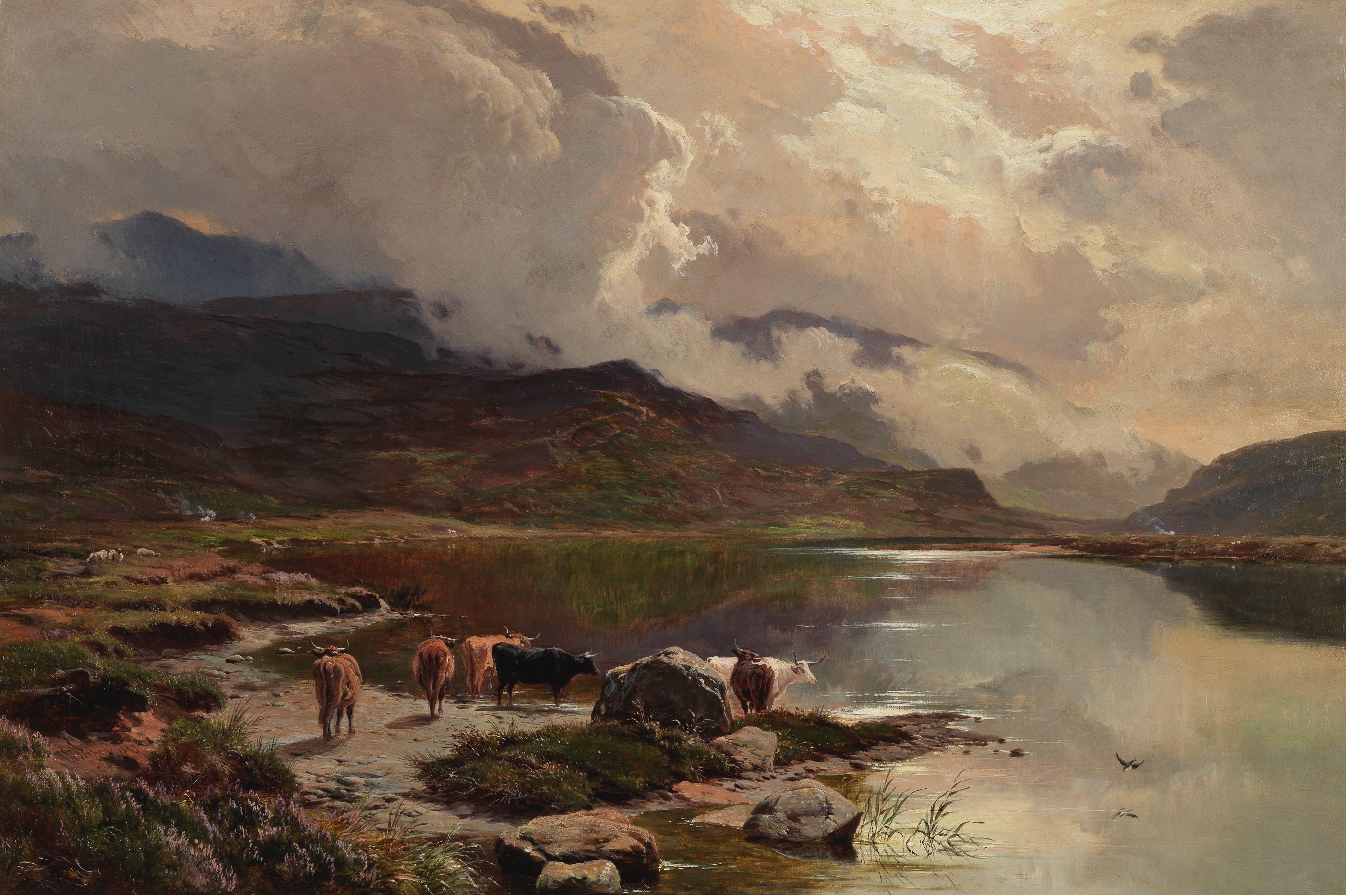 Sidney Richard Percy - Welsh mountain landscape with cattle by a lake