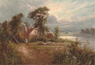 Sidney Yates Johnson - A figure outside a country cottage beside a river