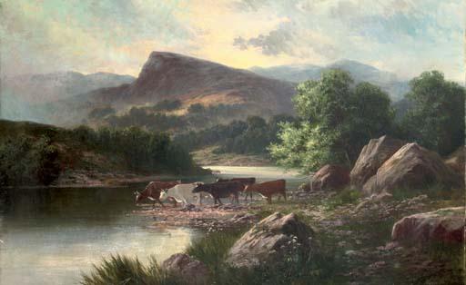 Sidney Yates Johnson - Cows watering in a mountainous river landscape