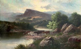 Sidney Yates Johnson - Cows watering in a mountainous river landscape