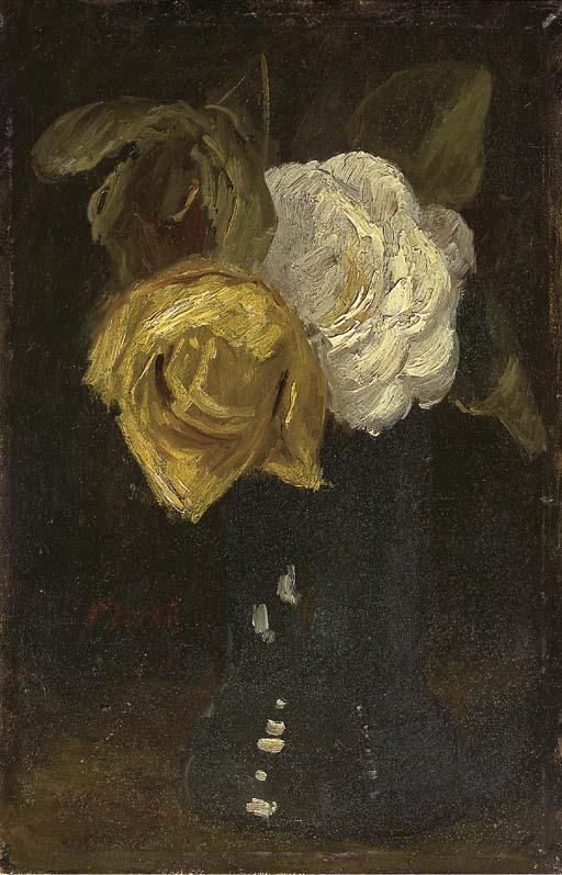 Sientje Mesdag-Van Houten - A white and yellow rose in a blue vase