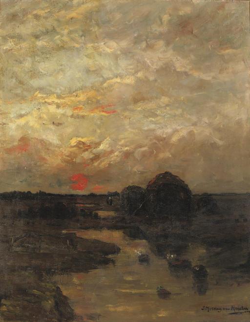 Sientje Mesdag van Houten - Zonsondergang: a rural landscape at sunset