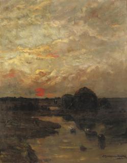 Sientje Mesdag van Houten - Zonsondergang: a rural landscape at sunset