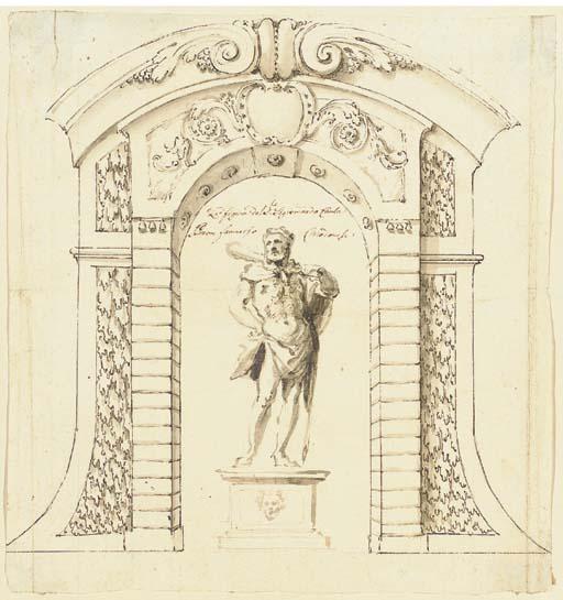Sigismondo Caula - A Statue of Hercules In A Rusticated Archway