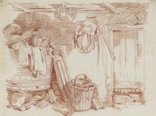 Sigmund Freudenberger - The interior of a shed with a large barrel, baskets and farm equipment
