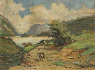 Silvio Poma - Paesaggio lacustre con figure