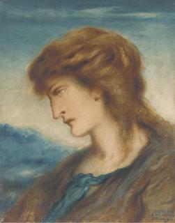Simeon Solomon - Study of a woman, bust-length in profile to the left, wearing a brown and blue dress