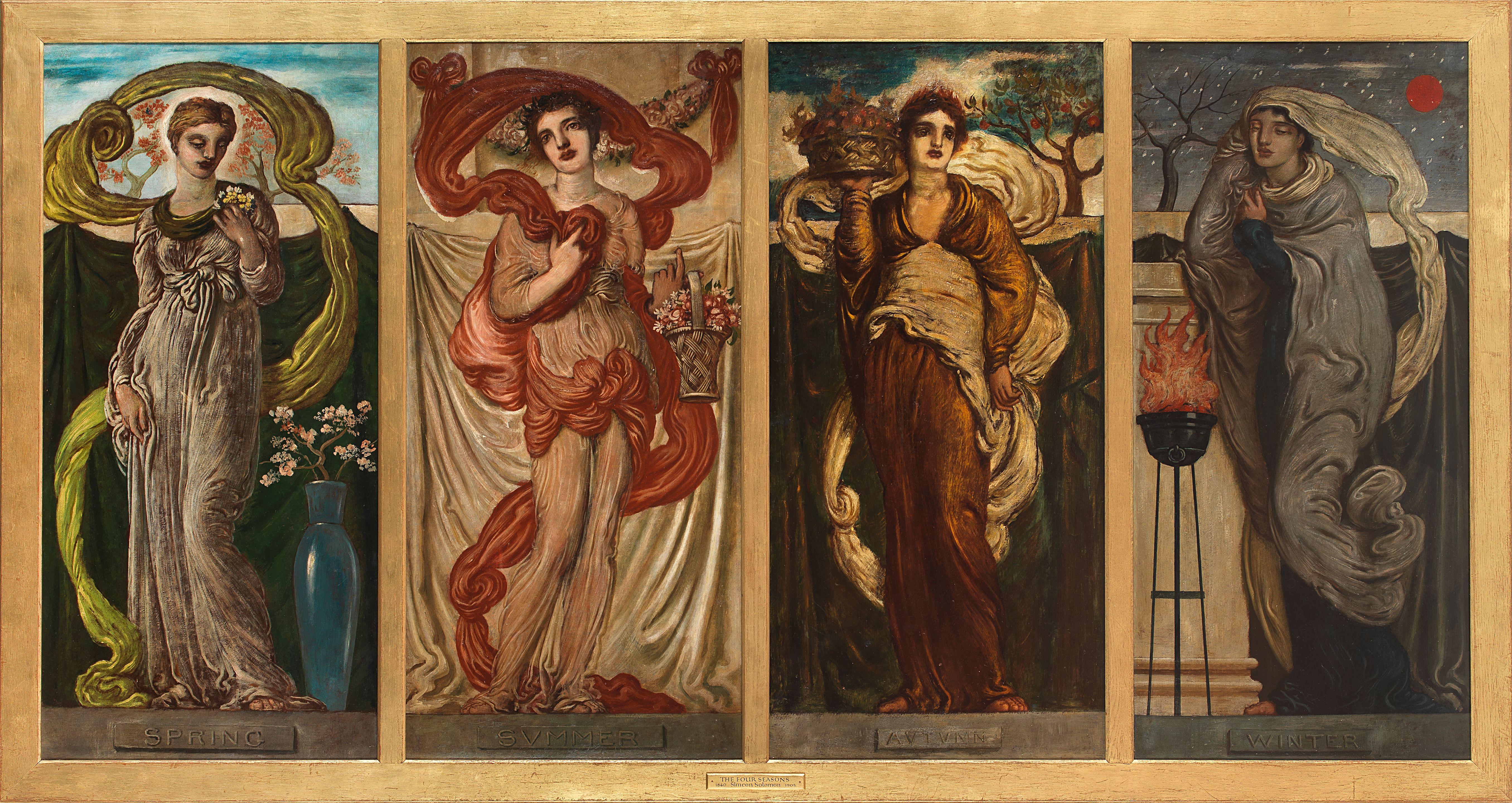 Simeon Solomon - The Four Seasons: Spring; Summer; Autumn; and Winter each image 104.1 x 48.2cm (41 x 19in). (4)