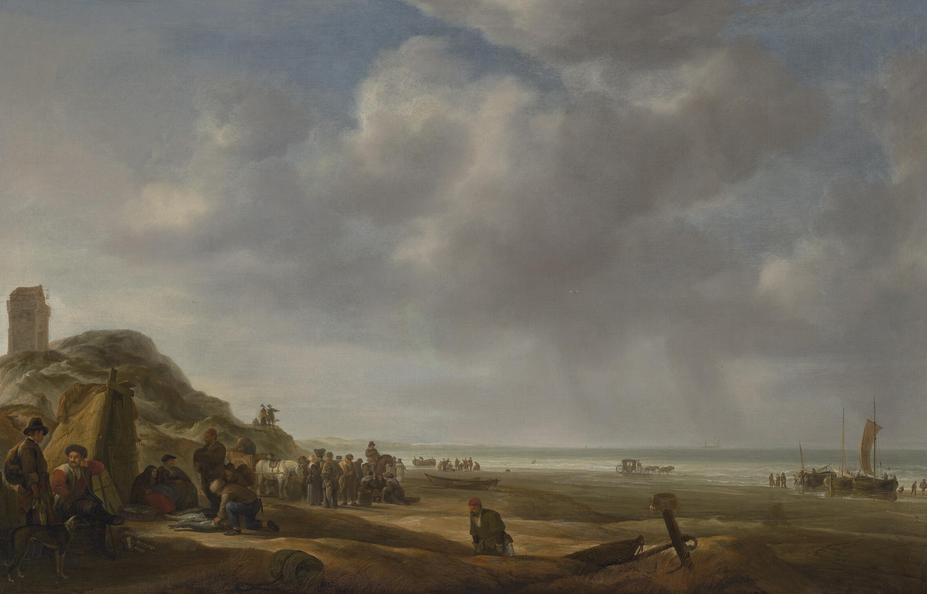 Simon De Vlieger - A beach scene with fishermen displaying their catch