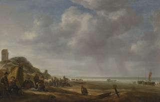 Simon De Vlieger - A beach scene with fishermen displaying their catch