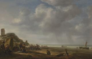 Simon De Vlieger - A Beach Scene With Fishermen Displaying Their Catch