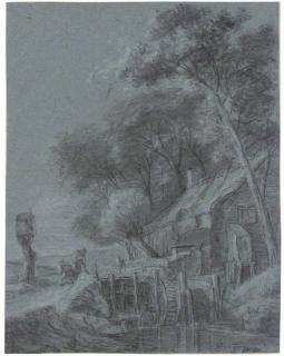 Simon de Vlieger - A Mill On A Wooded Riverbank, With Two Labouring Peasants