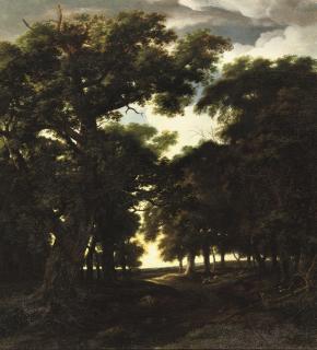 Simon De Vlieger - A wooded landscape with a herd of pigs on a track